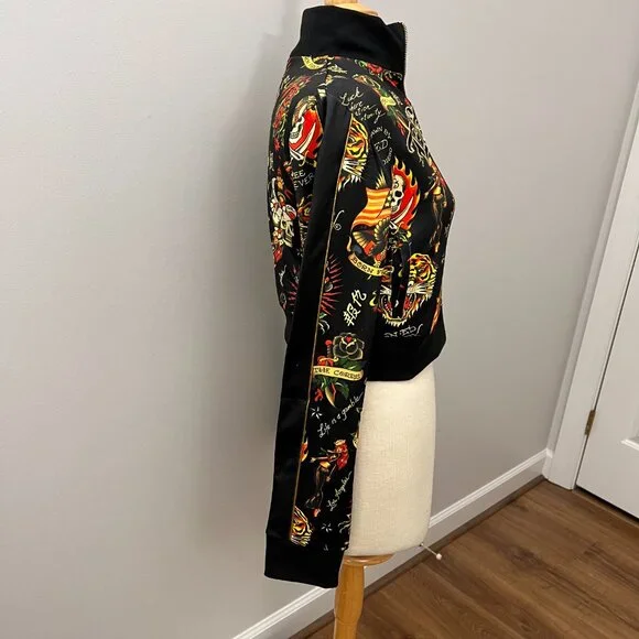 NEW Ed Hardy Crop Flashboard Black Tattoo Track Jacket Sz M - Picture 13 of 15